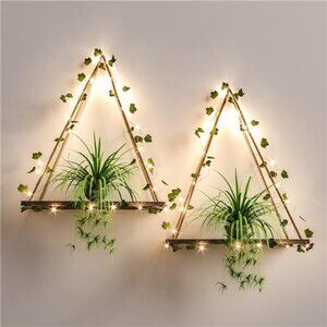 Artificial Ivy LED-Strip Wall Hanging Shelves Set of 2, Macrame Shelf Bedroom